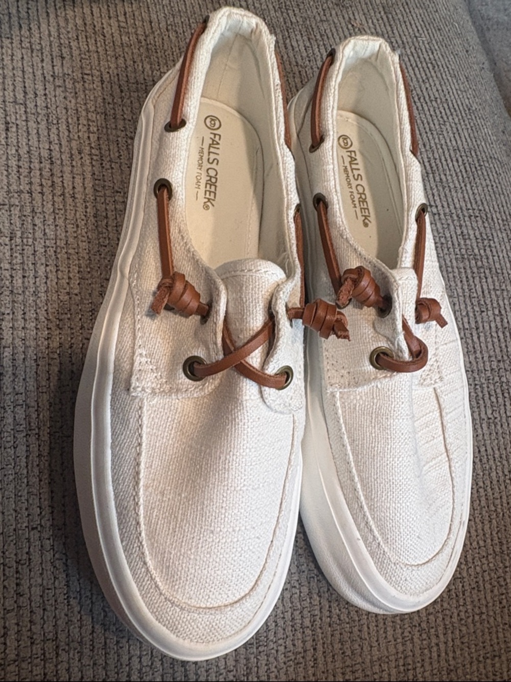 Falls Creek Men's Cream Canvas Boat Shoes with Brown Lacing